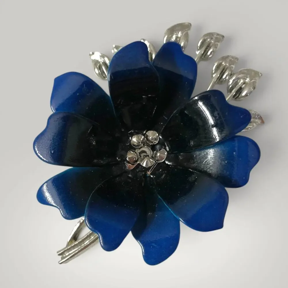 Vintage Signed Coro Blue Enamel Flower Brooch Silver Tone Floral Pin